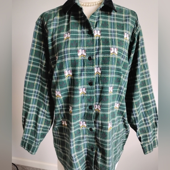 Victoria Jones Woman Flannel Plaid Embroidered Ice Skate Velvet Shirt Size 1X - Picture 3 of 13